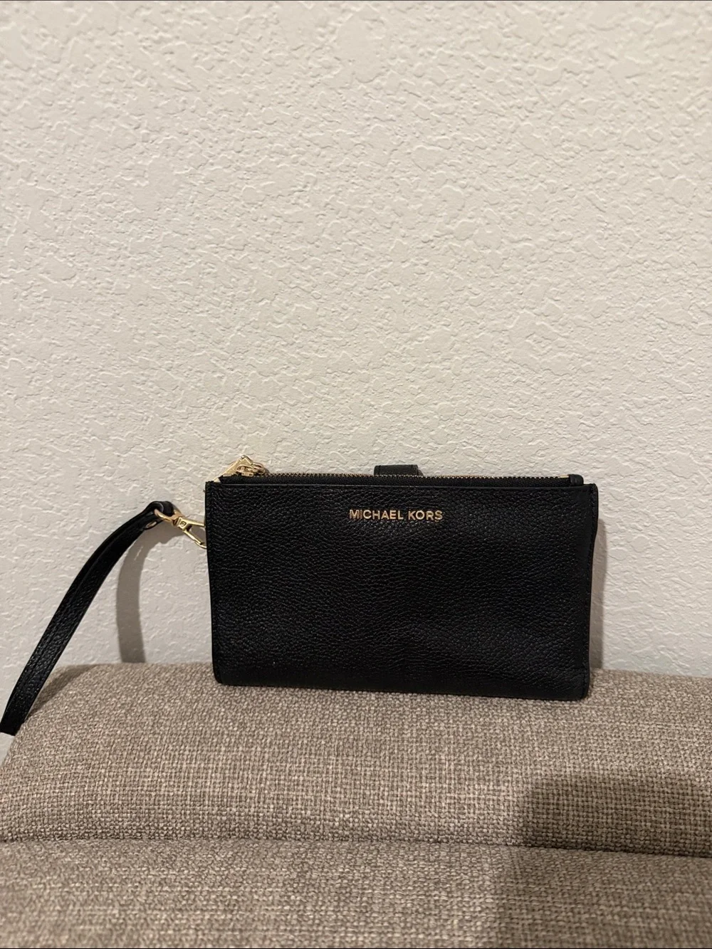 Michael Kors Black Leather Wristlet Clutch with Gold Hardware